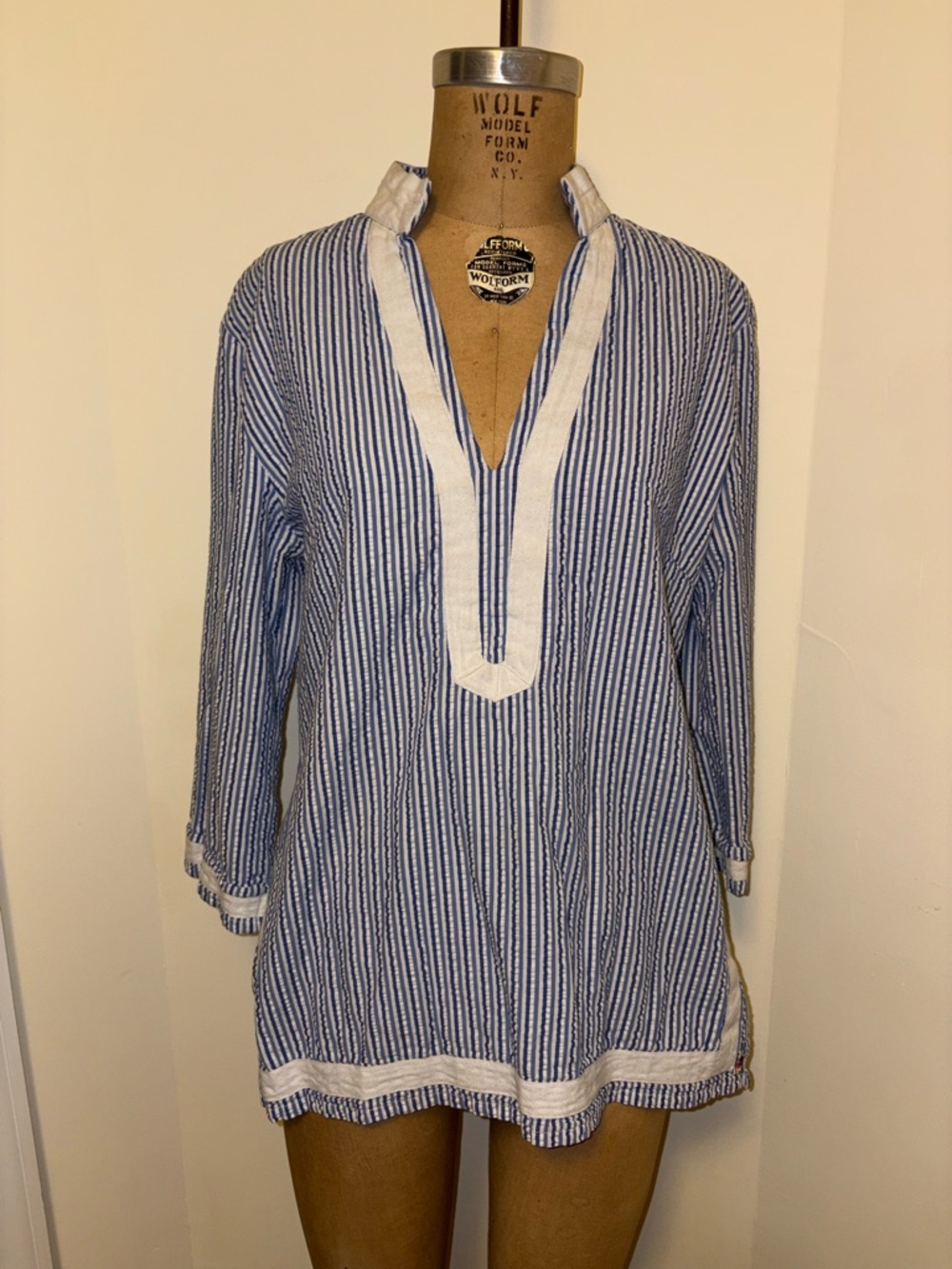 Castaway Blue and White Striped Popover with Contrast Trim